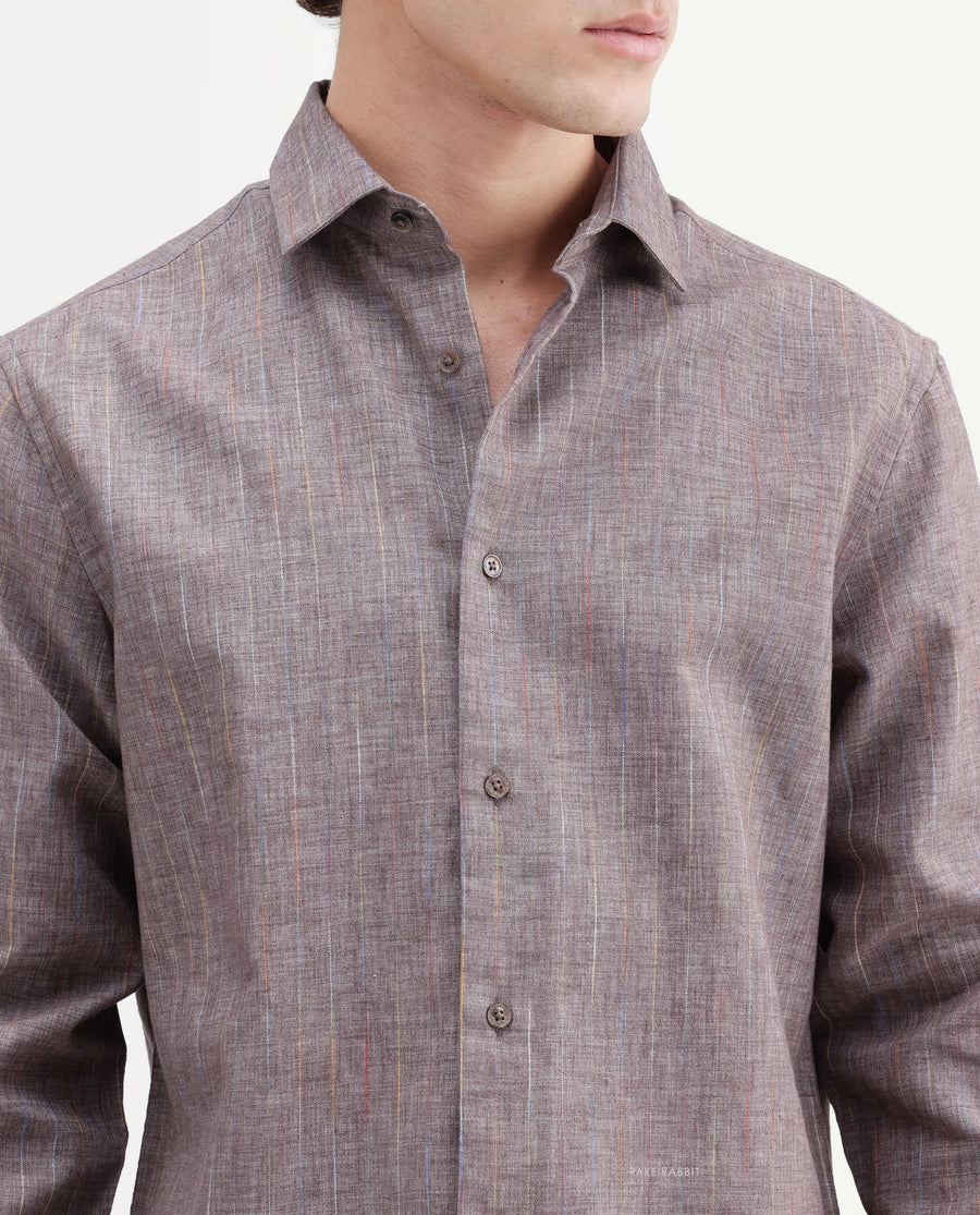 Rare Rabbit Men's Terah Dusky Brown Polyester Blend Fabric Full Sleeve Regular Fit Shirt