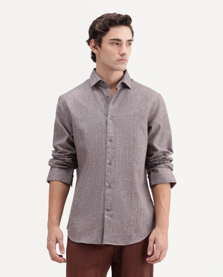 Rare Rabbit Men's Terah Dusky Brown Polyester Blend Fabric Full Sleeve Regular Fit Shirt