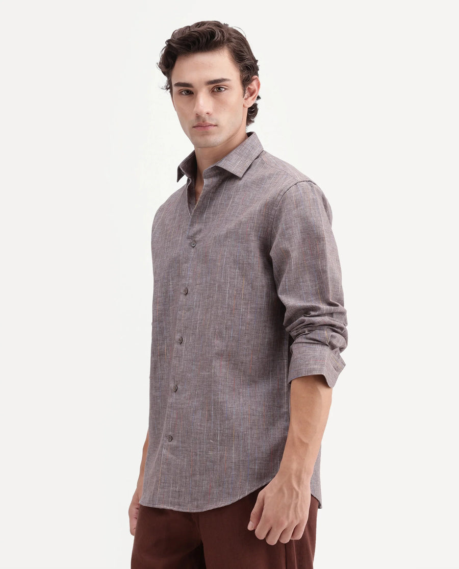 Rare Rabbit Men's Terah Dusky Brown Polyester Blend Fabric Full Sleeve Regular Fit Shirt