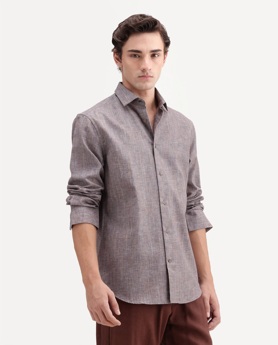 Rare Rabbit Men's Terah Dusky Brown Polyester Blend Fabric Full Sleeve Regular Fit Shirt