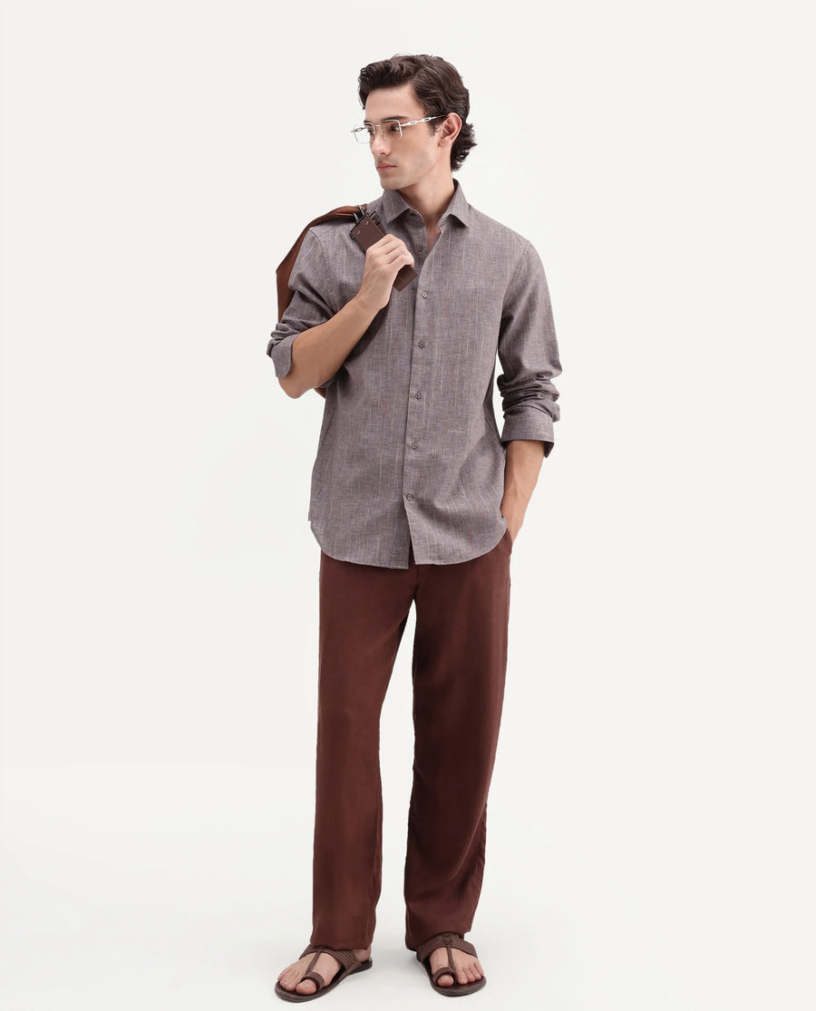 Rare Rabbit Men's Terah Dusky Brown Polyester Blend Fabric Full Sleeve Regular Fit Shirt