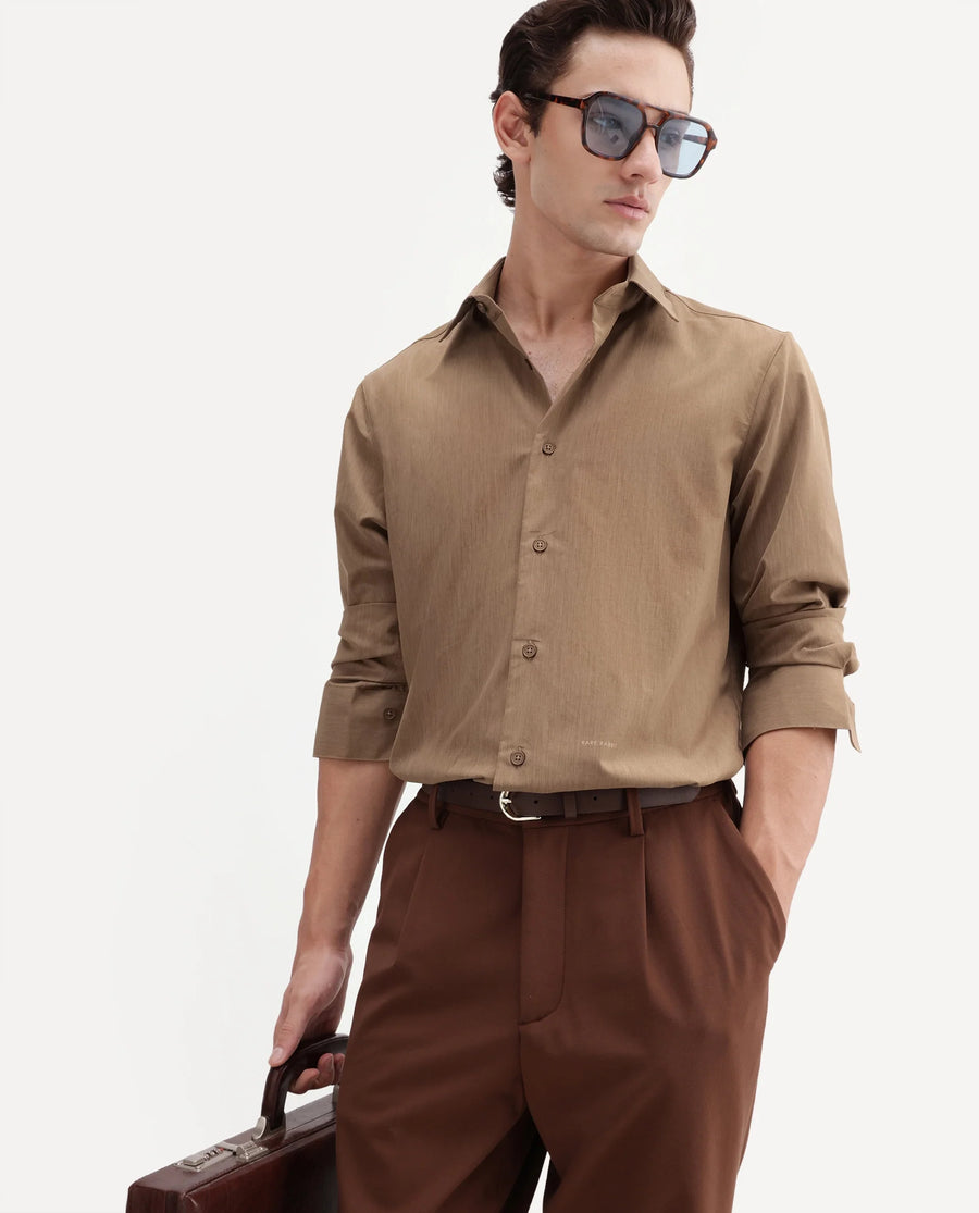 Rare Rabbit Men's Edom-T Light Brown Polyester Blend Fabric Full Sleeve Regular Fit Shirt