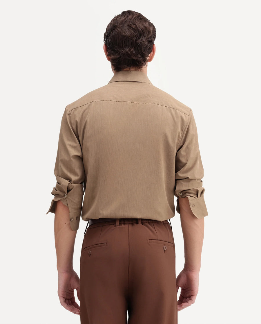 Rare Rabbit Men's Edom-T Light Brown Polyester Blend Fabric Full Sleeve Regular Fit Shirt