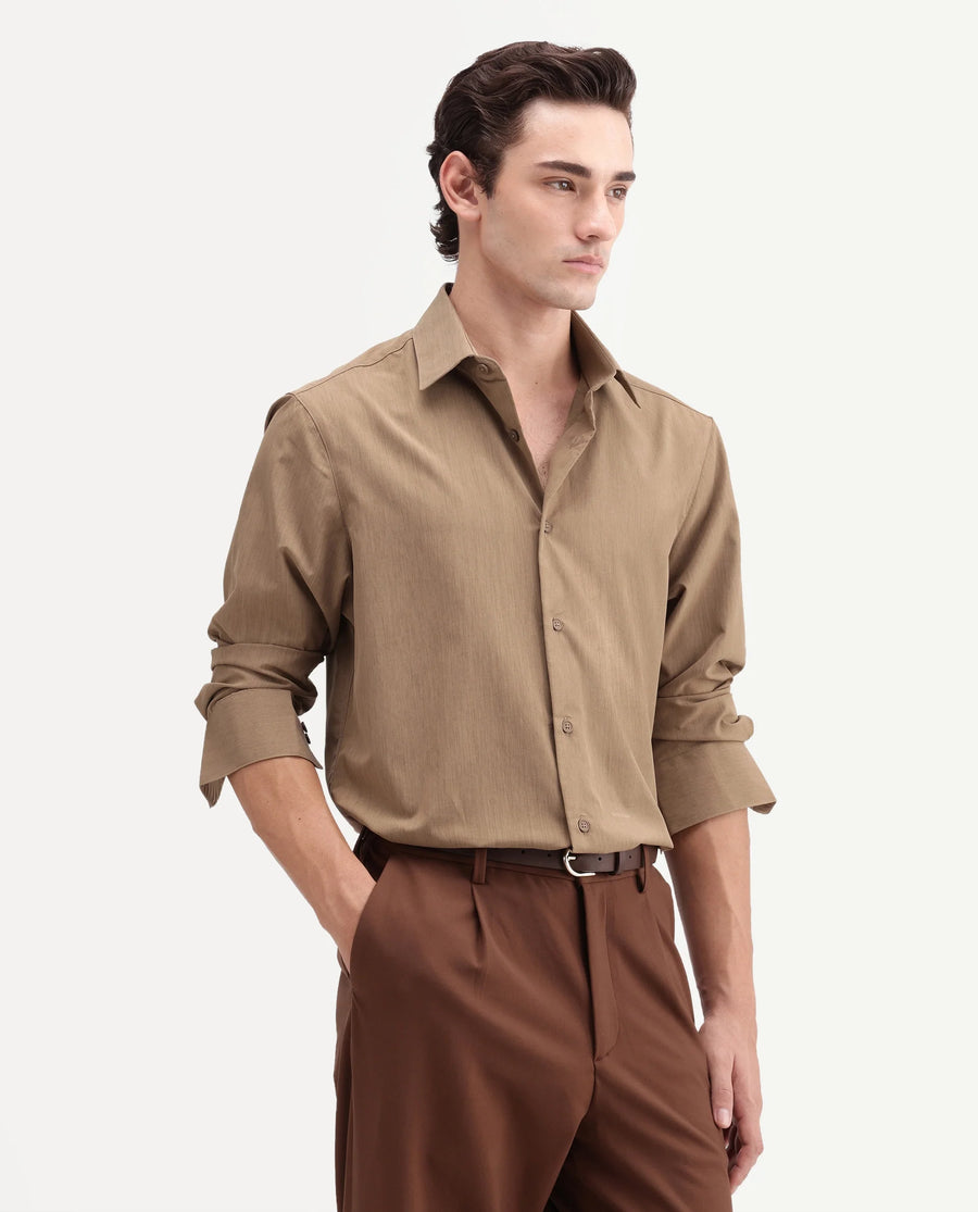 Rare Rabbit Men's Edom-T Light Brown Polyester Blend Fabric Full Sleeve Regular Fit Shirt