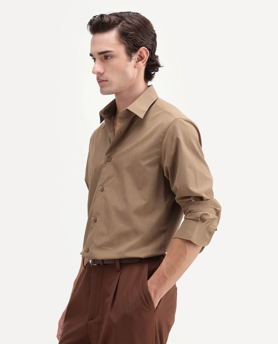 Rare Rabbit Men's Edom-T Light Brown Polyester Blend Fabric Full Sleeve Regular Fit Shirt