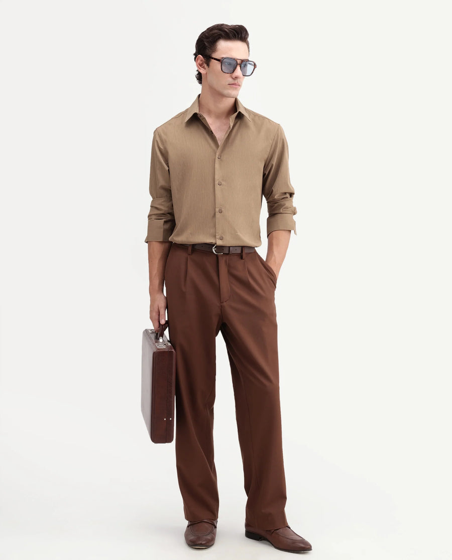 Rare Rabbit Men's Edom-T Light Brown Polyester Blend Fabric Full Sleeve Regular Fit Shirt
