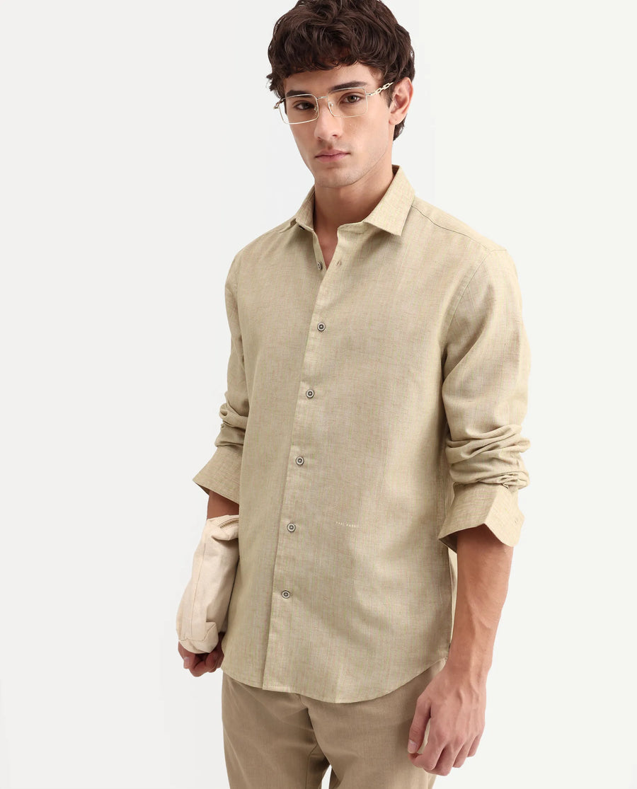 Rare Rabbit Men's Nimrod Flouroscent Green Polyester Blend Fabric Full Sleeve Regular Fit Striped Shirt