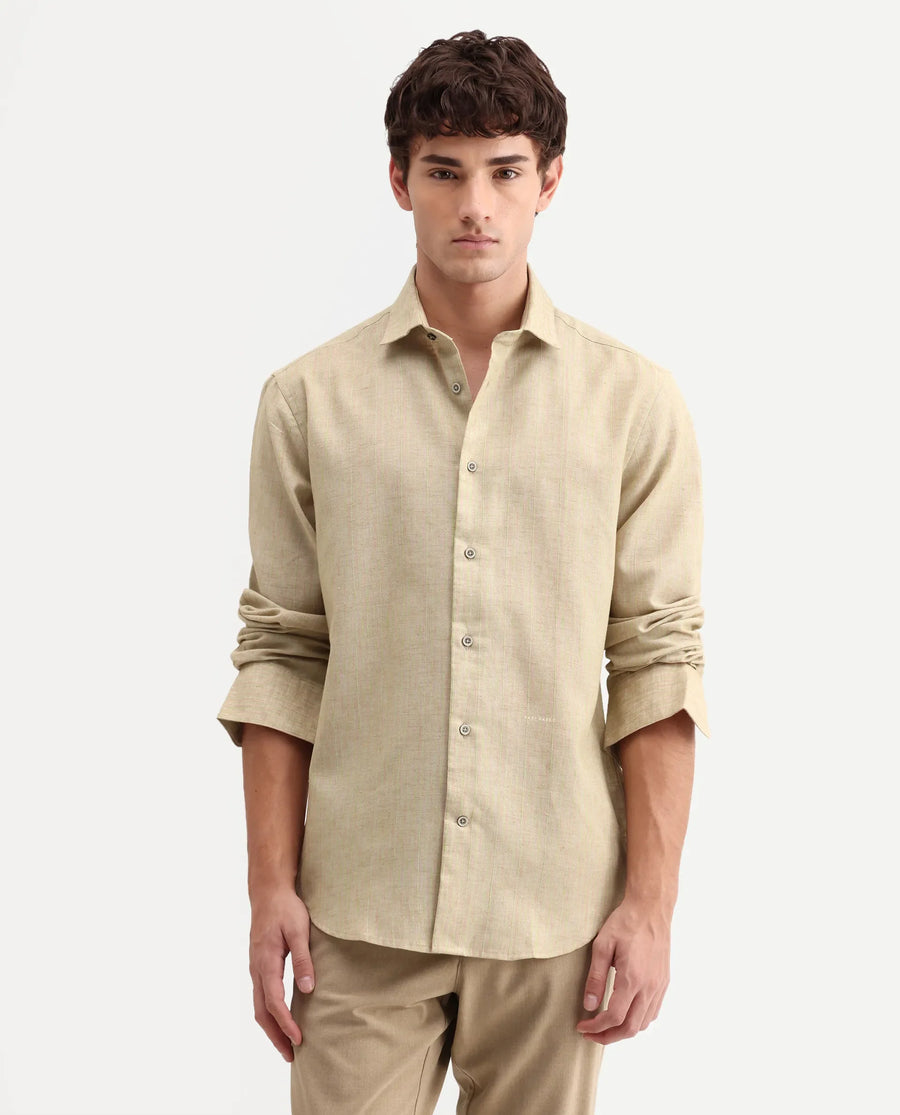 Rare Rabbit Men's Nimrod Flouroscent Green Polyester Blend Fabric Full Sleeve Regular Fit Striped Shirt