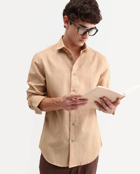 Rare Rabbit Men's Nimrod Flouroscent Orange Polyester Blend Fabric Full Sleeve Regular Fit Striped Shirt