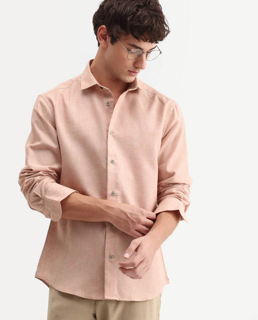 Rare Rabbit Men's Nimrod Flouroscent Pink Polyester Blend Fabric Full Sleeve Regular Fit Striped Shirt