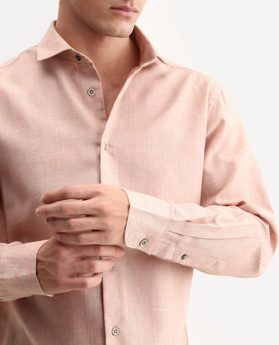 Rare Rabbit Men's Nimrod Flouroscent Pink Polyester Blend Fabric Full Sleeve Regular Fit Striped Shirt