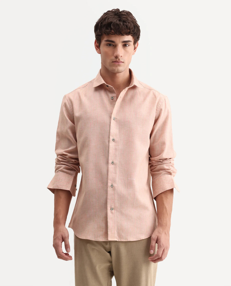 Rare Rabbit Men's Nimrod Flouroscent Pink Polyester Blend Fabric Full Sleeve Regular Fit Striped Shirt