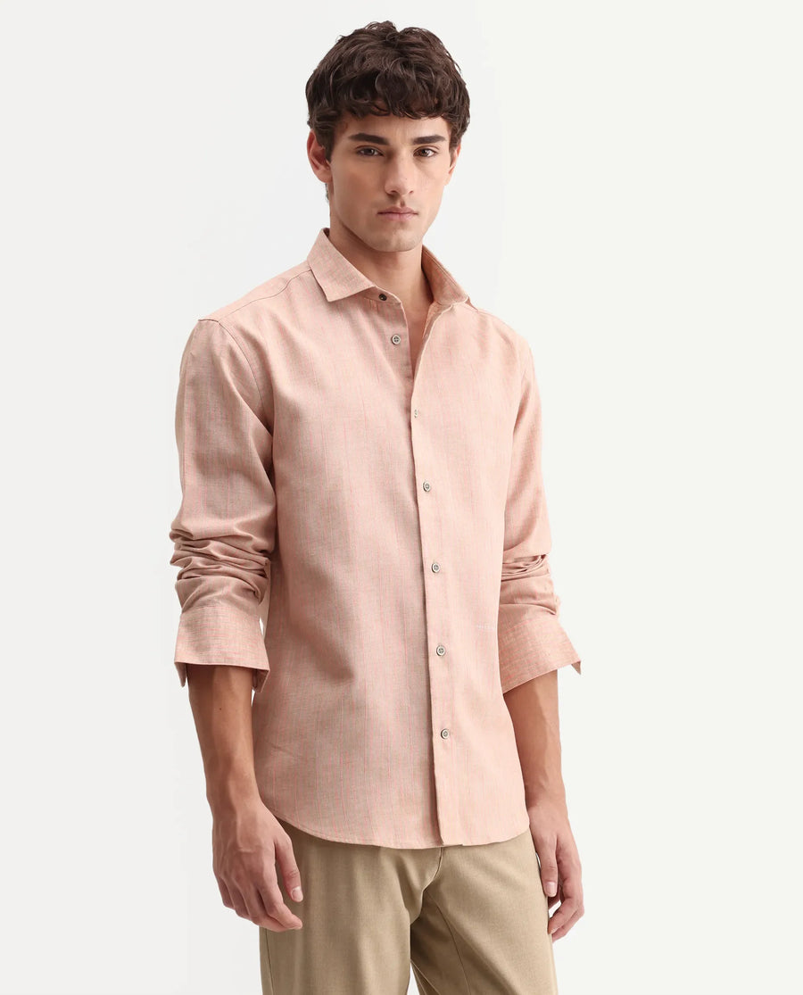 Rare Rabbit Men's Nimrod Flouroscent Pink Polyester Blend Fabric Full Sleeve Regular Fit Striped Shirt