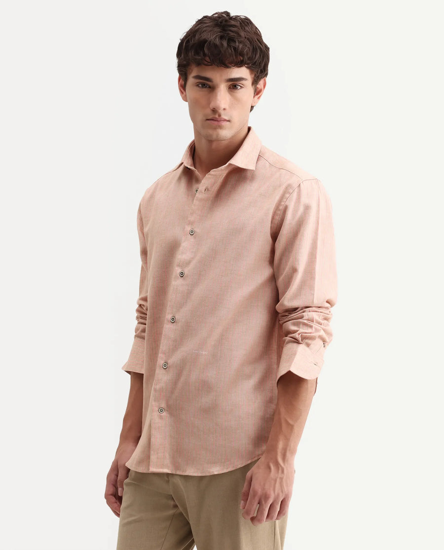 Rare Rabbit Men's Nimrod Flouroscent Pink Polyester Blend Fabric Full Sleeve Regular Fit Striped Shirt