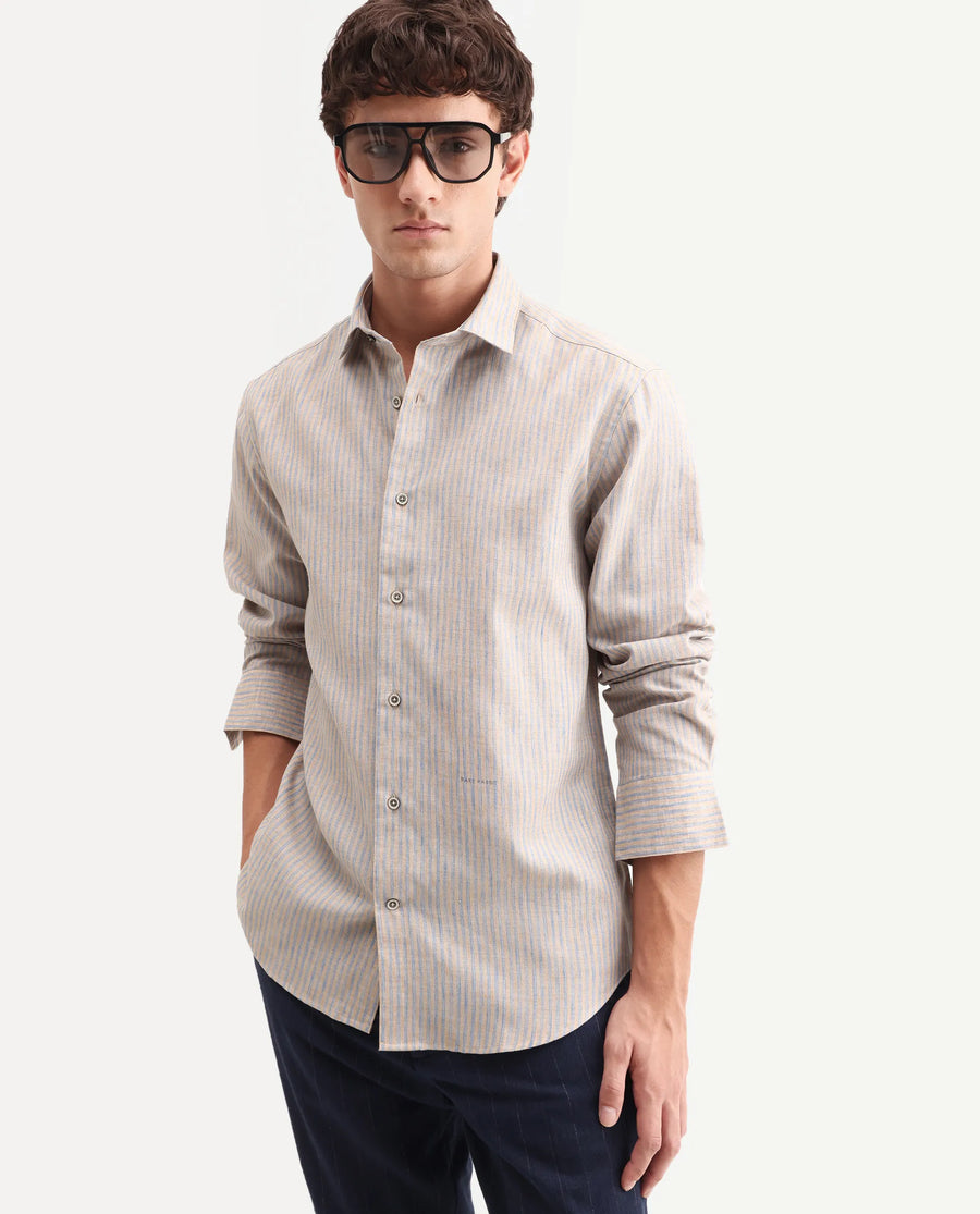 Rare Rabbit Men's Nimrod Flouroscent Blue Polyester Blend Fabric Full Sleeve Regular Fit Striped Shirt