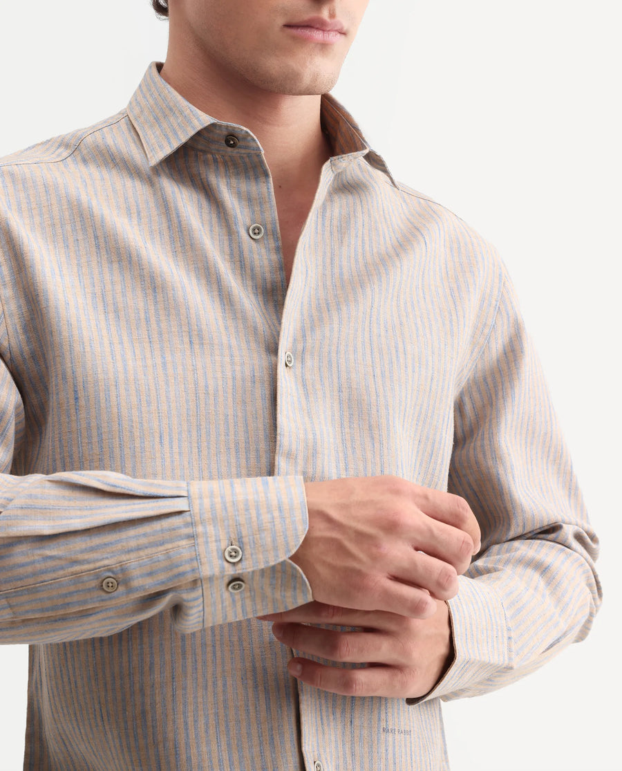 Rare Rabbit Men's Nimrod Flouroscent Blue Polyester Blend Fabric Full Sleeve Regular Fit Striped Shirt