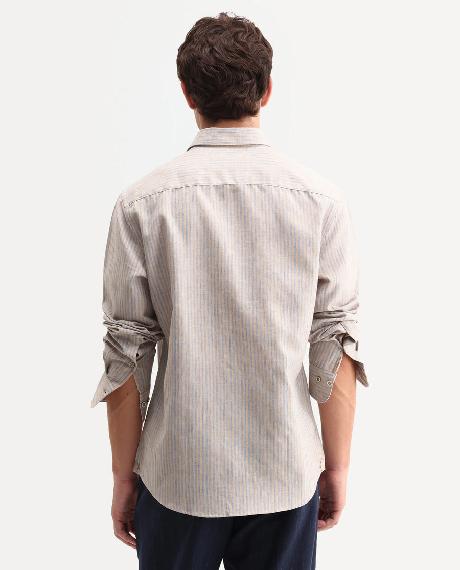Rare Rabbit Men's Nimrod Flouroscent Blue Polyester Blend Fabric Full Sleeve Regular Fit Striped Shirt