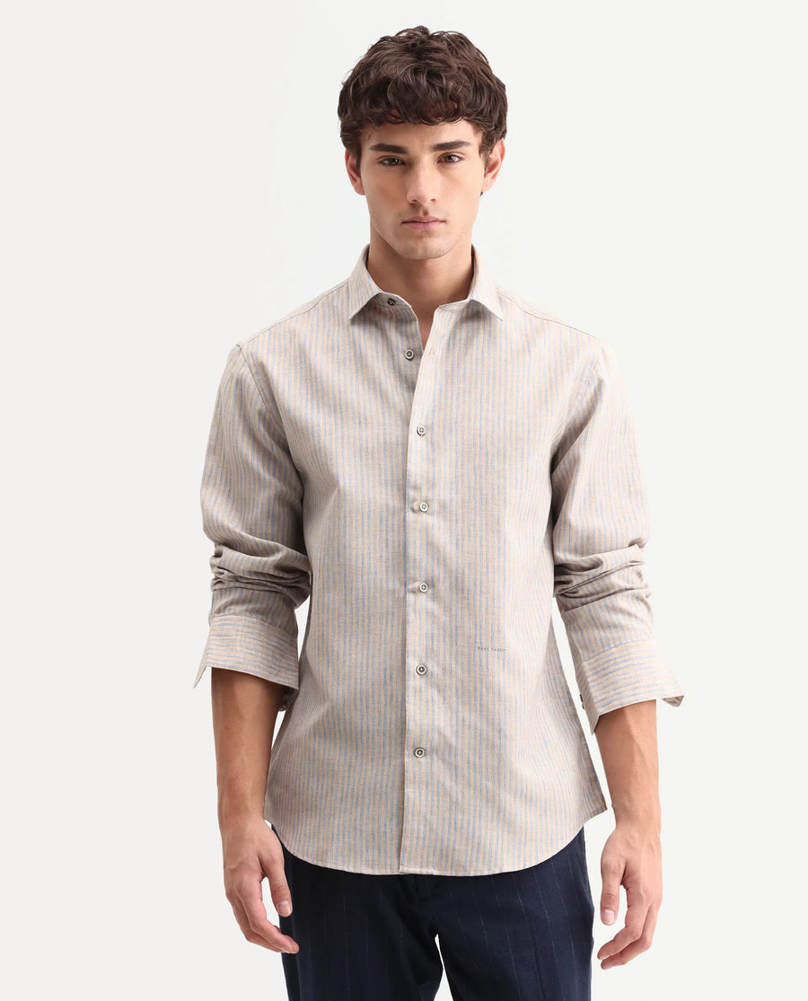 Rare Rabbit Men's Nimrod Flouroscent Blue Polyester Blend Fabric Full Sleeve Regular Fit Striped Shirt