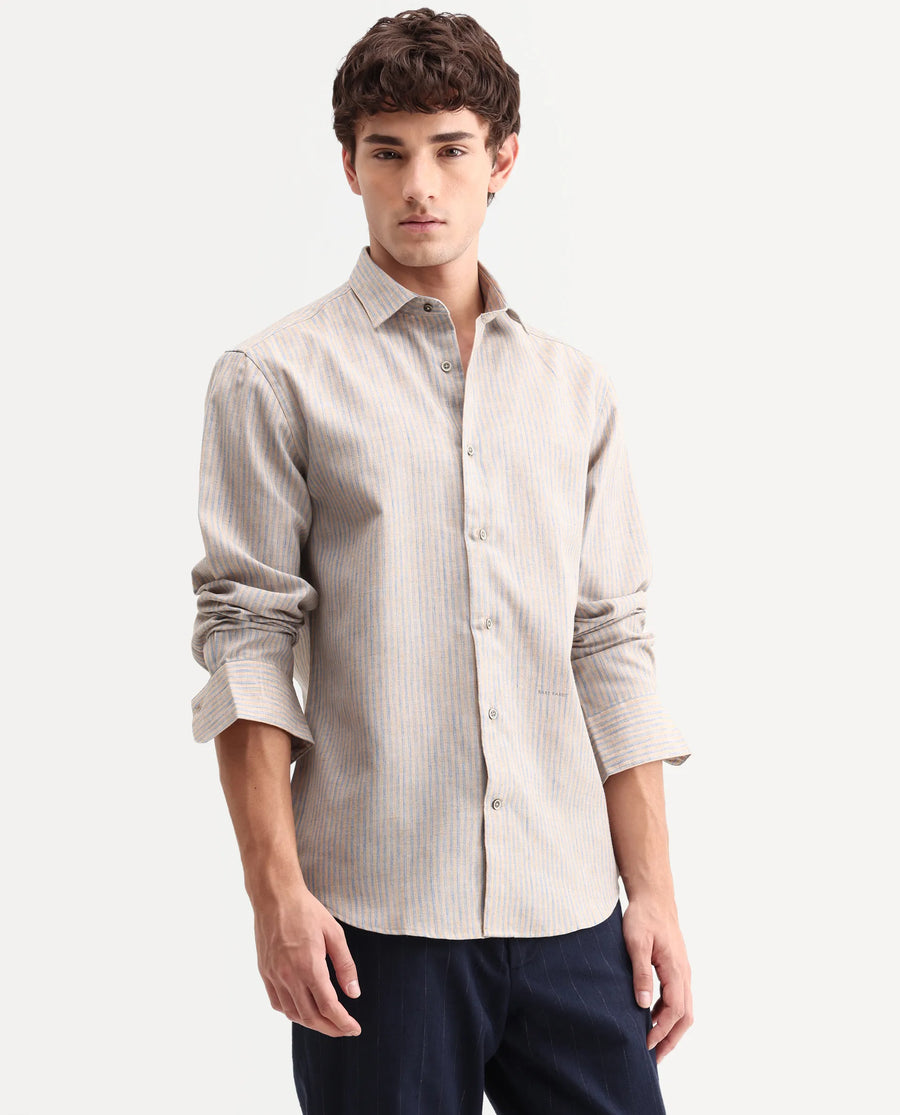 Rare Rabbit Men's Nimrod Flouroscent Blue Polyester Blend Fabric Full Sleeve Regular Fit Striped Shirt