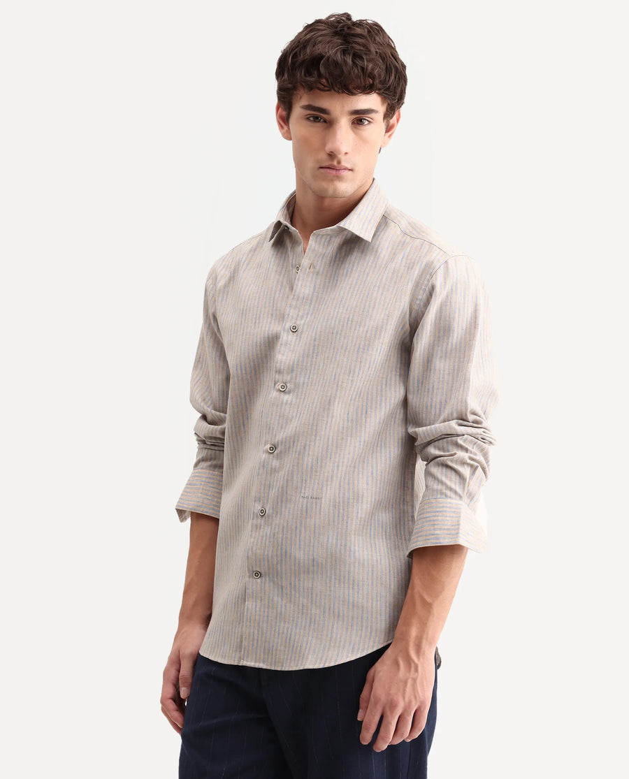 Rare Rabbit Men's Nimrod Flouroscent Blue Polyester Blend Fabric Full Sleeve Regular Fit Striped Shirt
