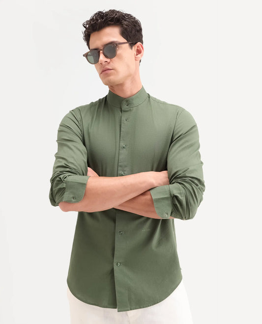 Rare Rabbit Men's Cadex Green Cotton Fabric Full Sleeve Mandarin Collar Regular Fit Plain Shirt