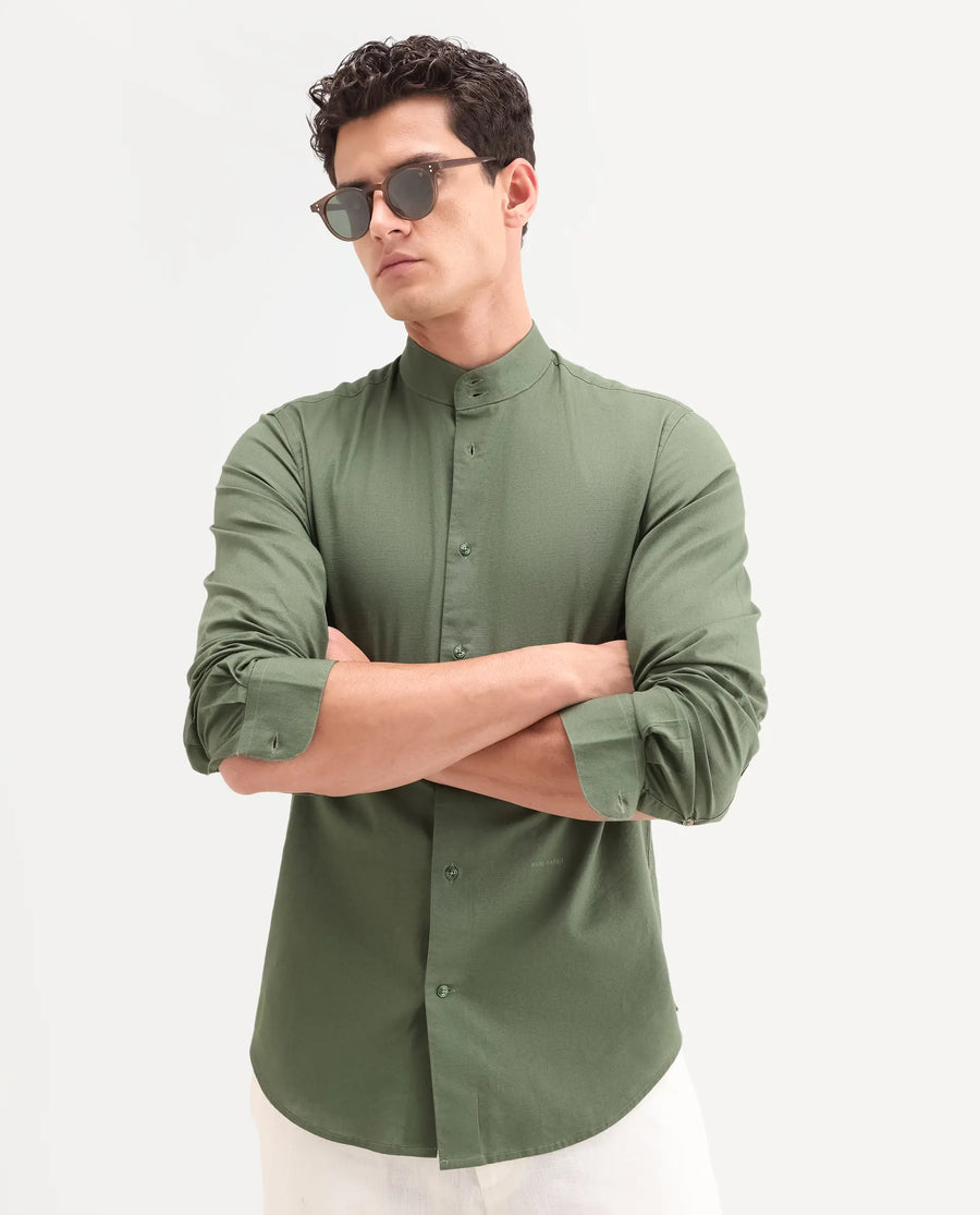 Rare Rabbit Men's Cadex Green Cotton Fabric Full Sleeve Mandarin Collar Regular Fit Plain Shirt