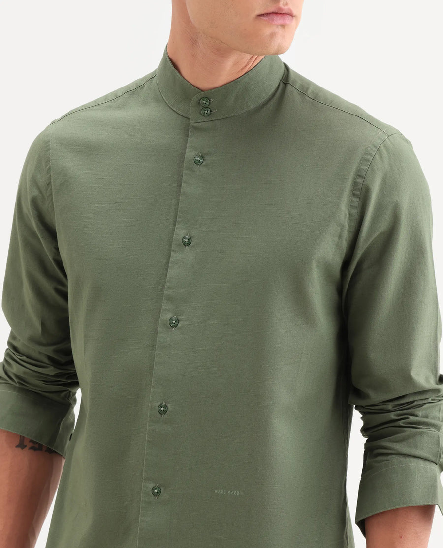 Rare Rabbit Men's Cadex Green Cotton Fabric Full Sleeve Mandarin Collar Regular Fit Plain Shirt