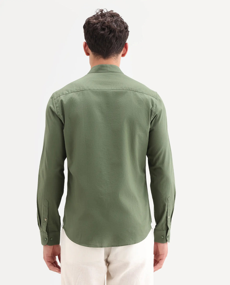 Rare Rabbit Men's Cadex Green Cotton Fabric Full Sleeve Mandarin Collar Regular Fit Plain Shirt