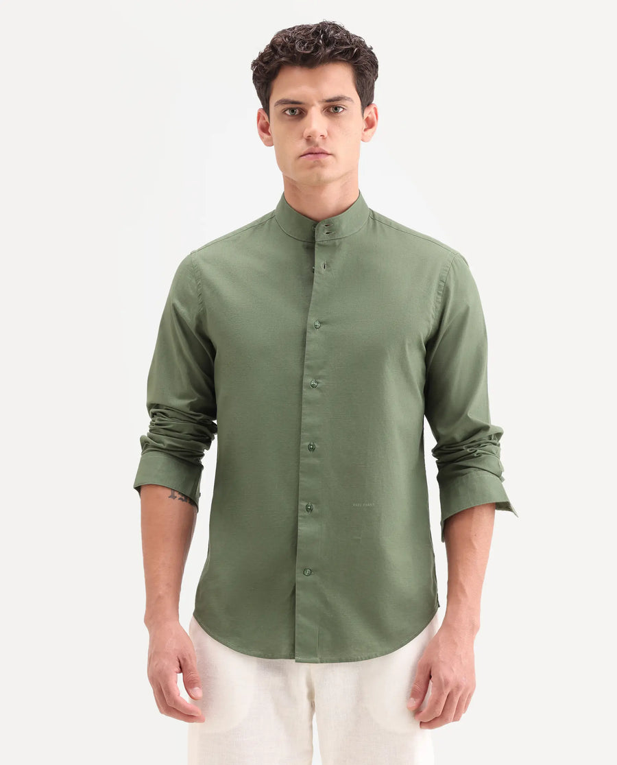 Rare Rabbit Men's Cadex Green Cotton Fabric Full Sleeve Mandarin Collar Regular Fit Plain Shirt