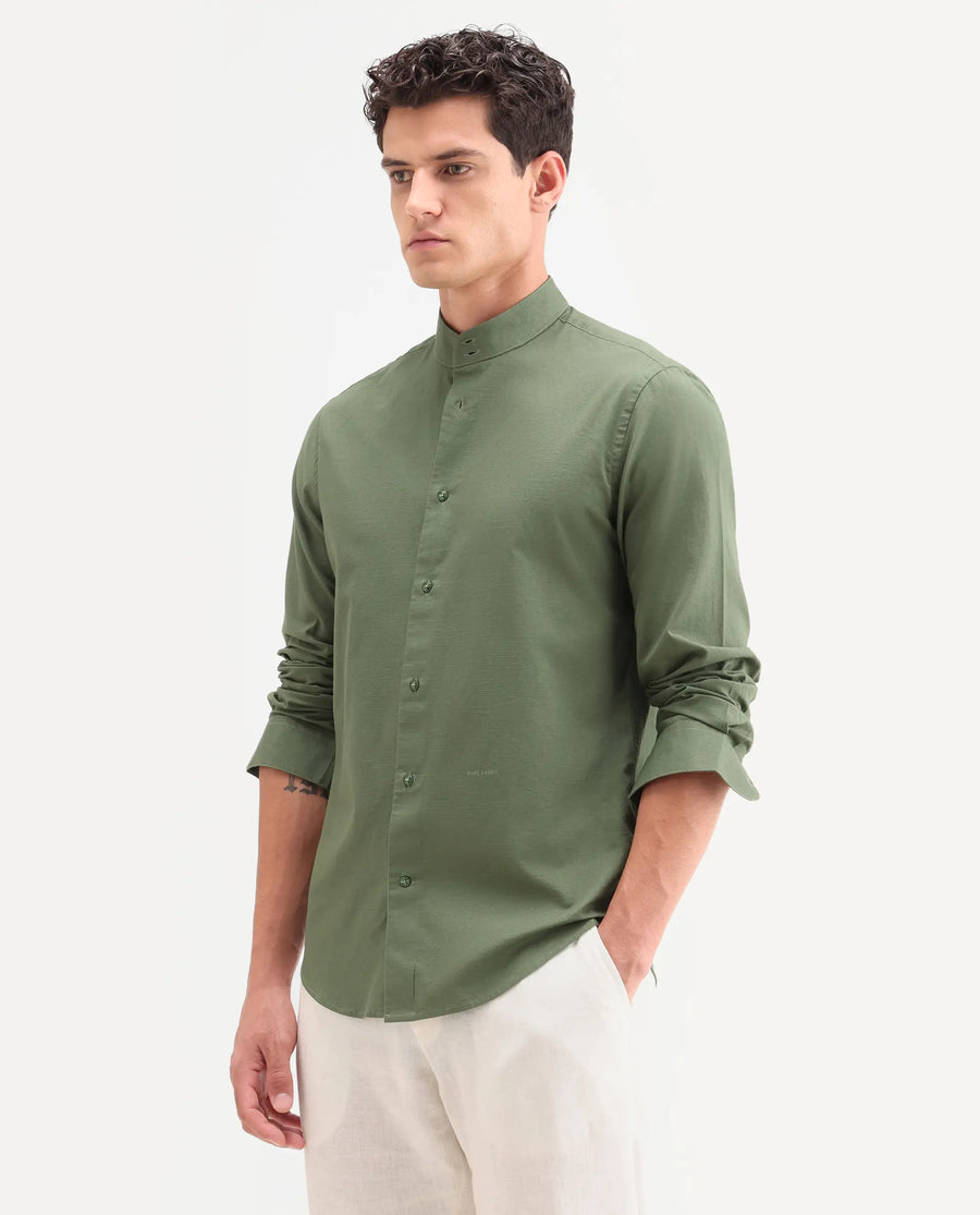 Rare Rabbit Men's Cadex Green Cotton Fabric Full Sleeve Mandarin Collar Regular Fit Plain Shirt