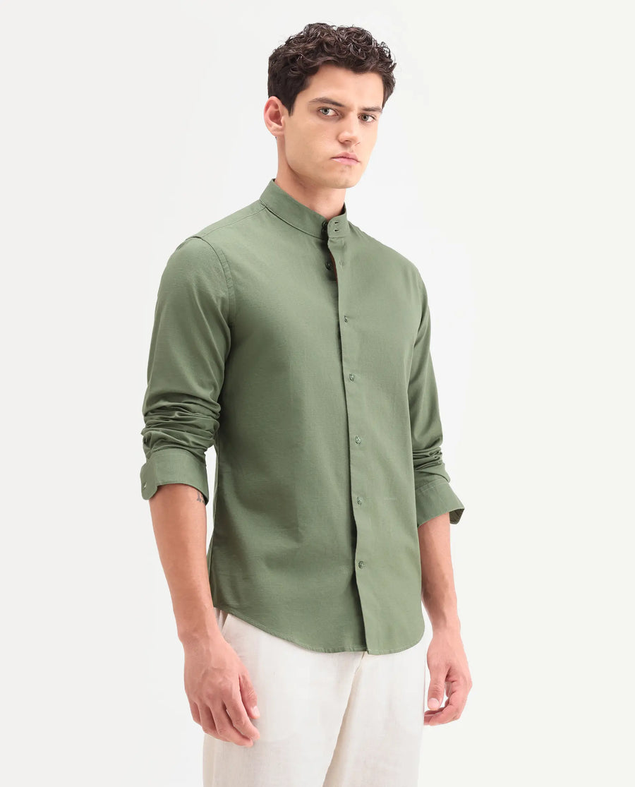 Rare Rabbit Men's Cadex Green Cotton Fabric Full Sleeve Mandarin Collar Regular Fit Plain Shirt
