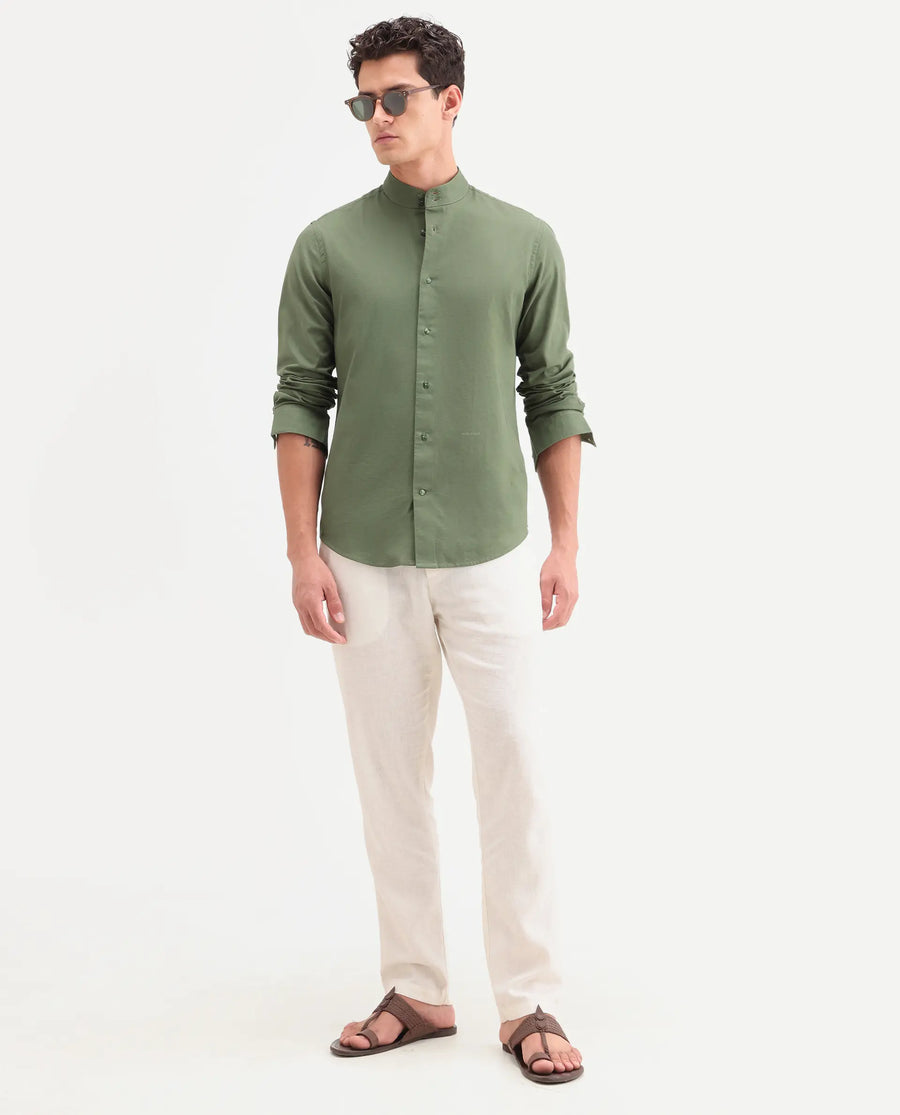Rare Rabbit Men's Cadex Green Cotton Fabric Full Sleeve Mandarin Collar Regular Fit Plain Shirt