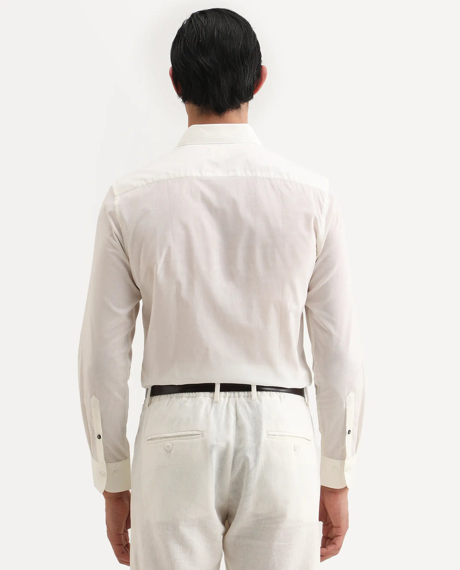 Rare Rabbit Men's Dori Off White Cotton Fabric Full Sleeves Collared Neck Button Closure Embroidered Shirt