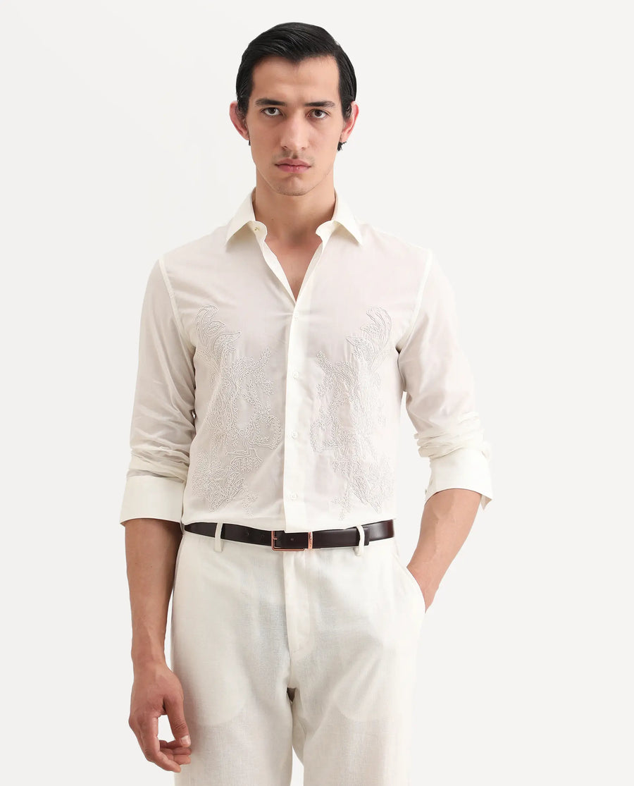 Rare Rabbit Men's Dori Off White Cotton Fabric Full Sleeves Collared Neck Button Closure Embroidered Shirt