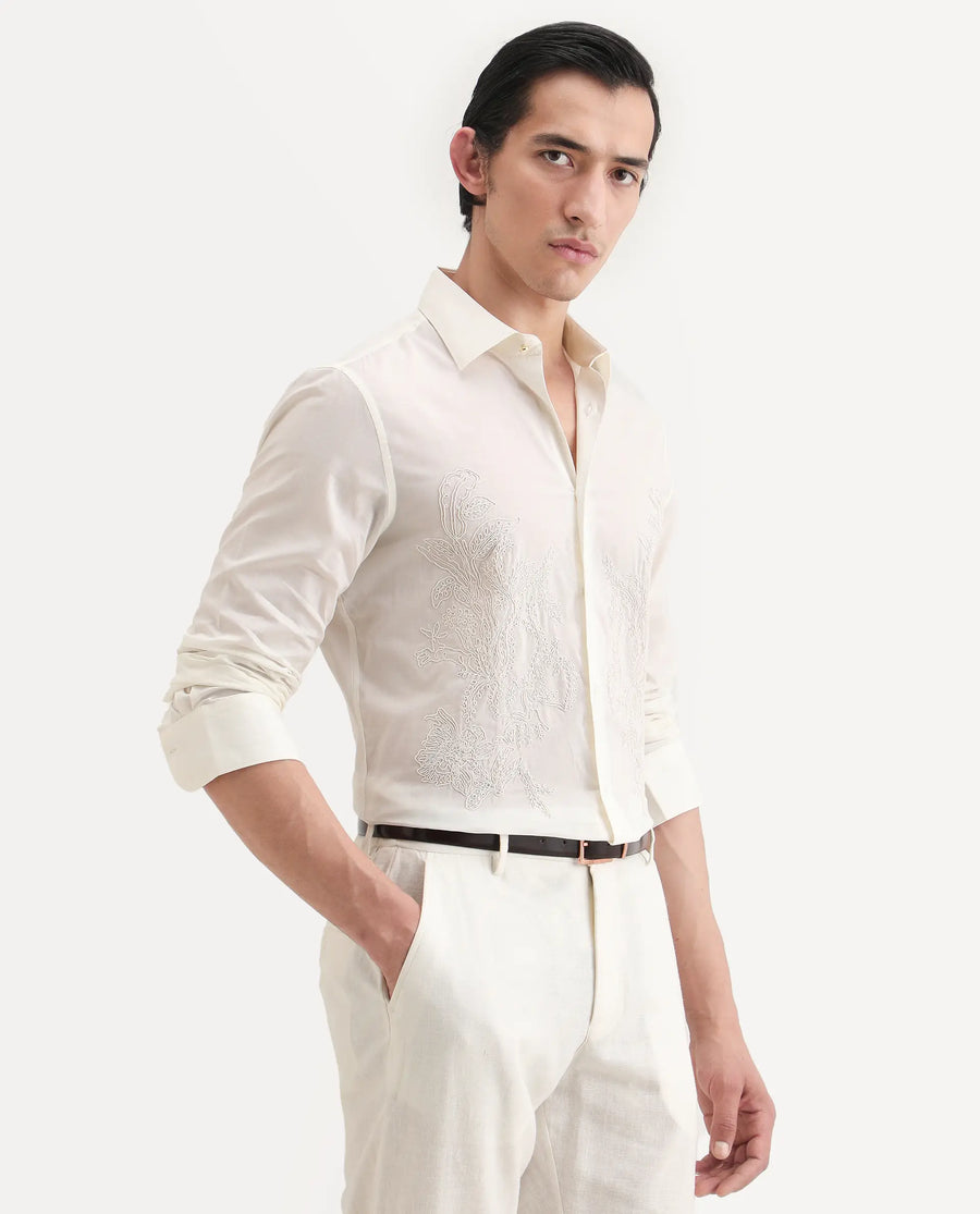 Rare Rabbit Men's Dori Off White Cotton Fabric Full Sleeves Collared Neck Button Closure Embroidered Shirt