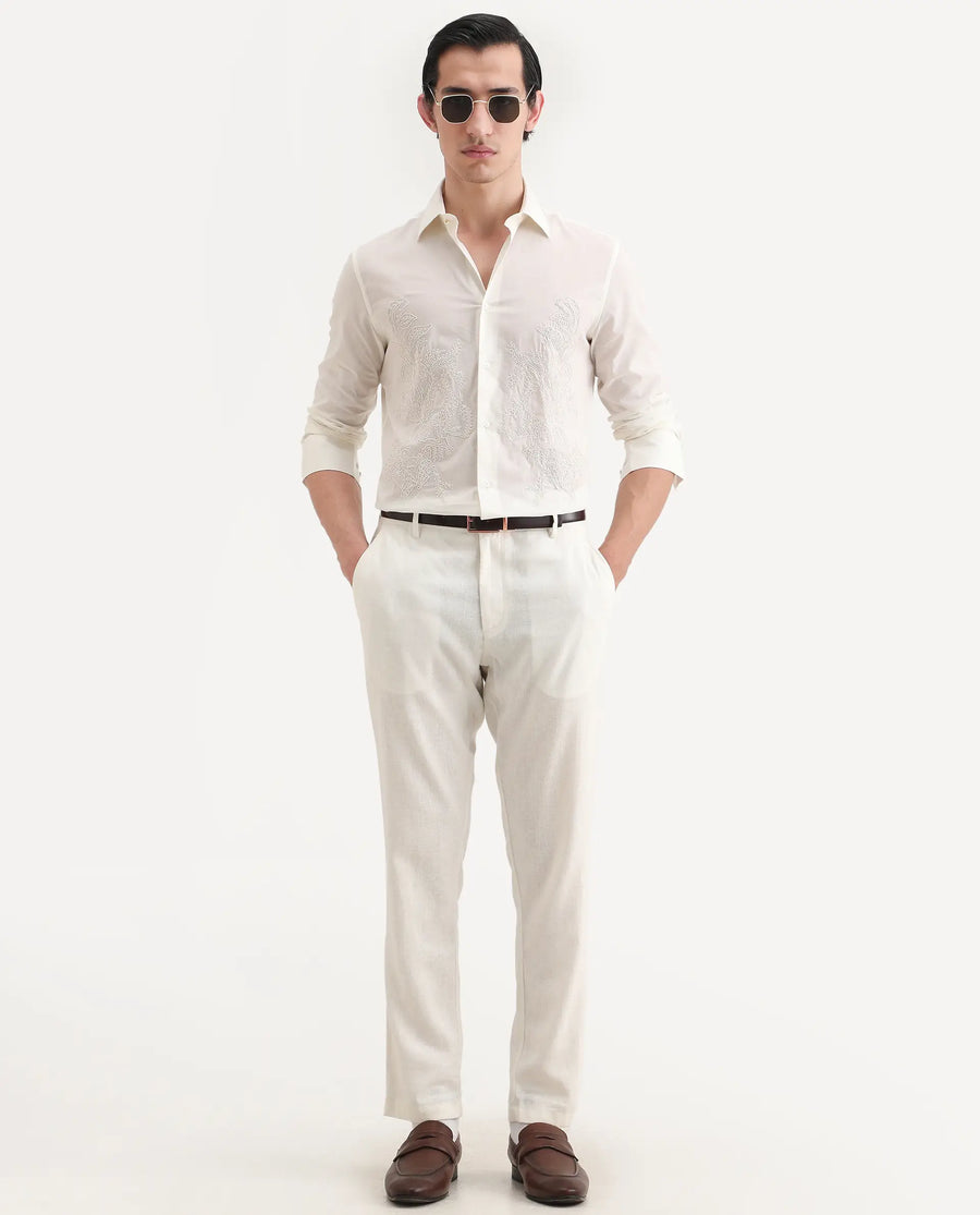 Rare Rabbit Men's Dori Off White Cotton Fabric Full Sleeves Collared Neck Button Closure Embroidered Shirt