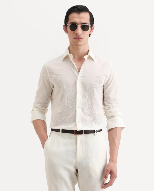 Rare Rabbit Men's Dori Off White Cotton Fabric Full Sleeves Collared Neck Button Closure Embroidered Shirt