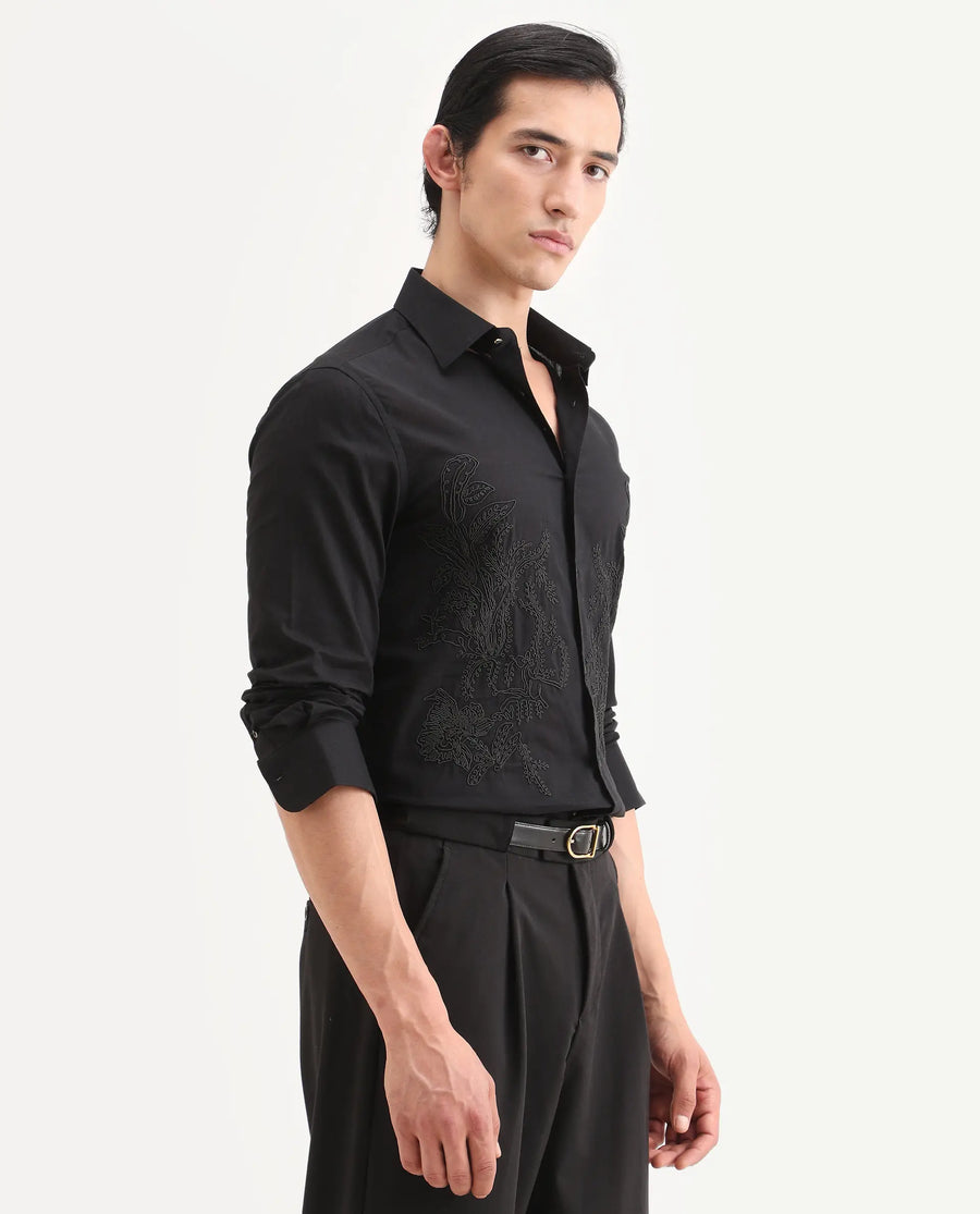 Rare Rabbit Men's Dori Black Cotton Fabric Full Sleeves Collared Neck Button Closure Embroidered Shirt