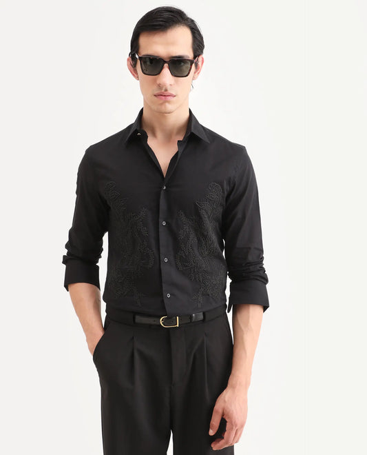 Rare Rabbit Men's Dori Black Cotton Fabric Full Sleeves Collared Neck Button Closure Embroidered Shirt