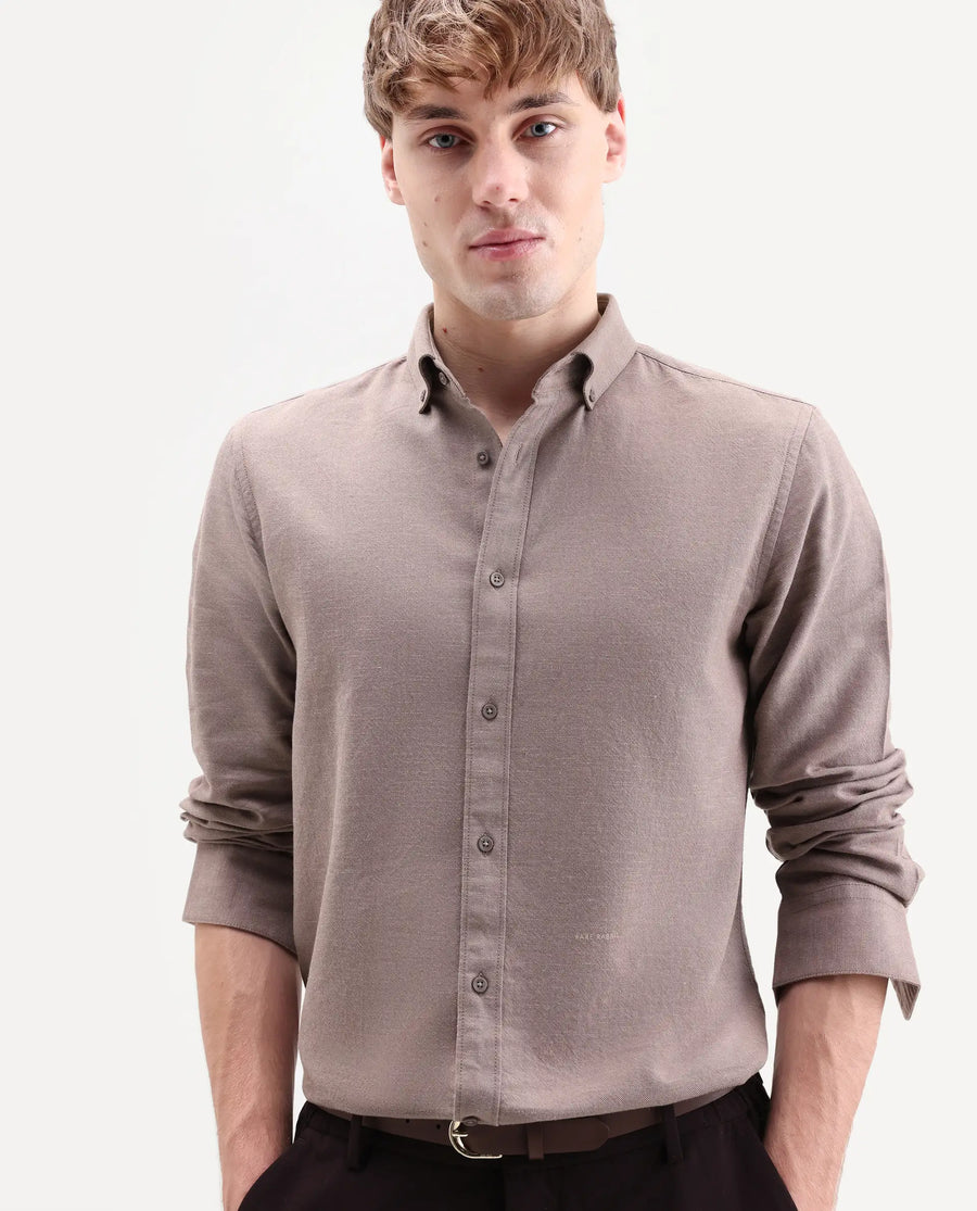 Rare Rabbit Men's Hax-P Pastel Brown Cotton Blend Fabric Full Sleeve Spread Collar Button Regular Plain Shirt
