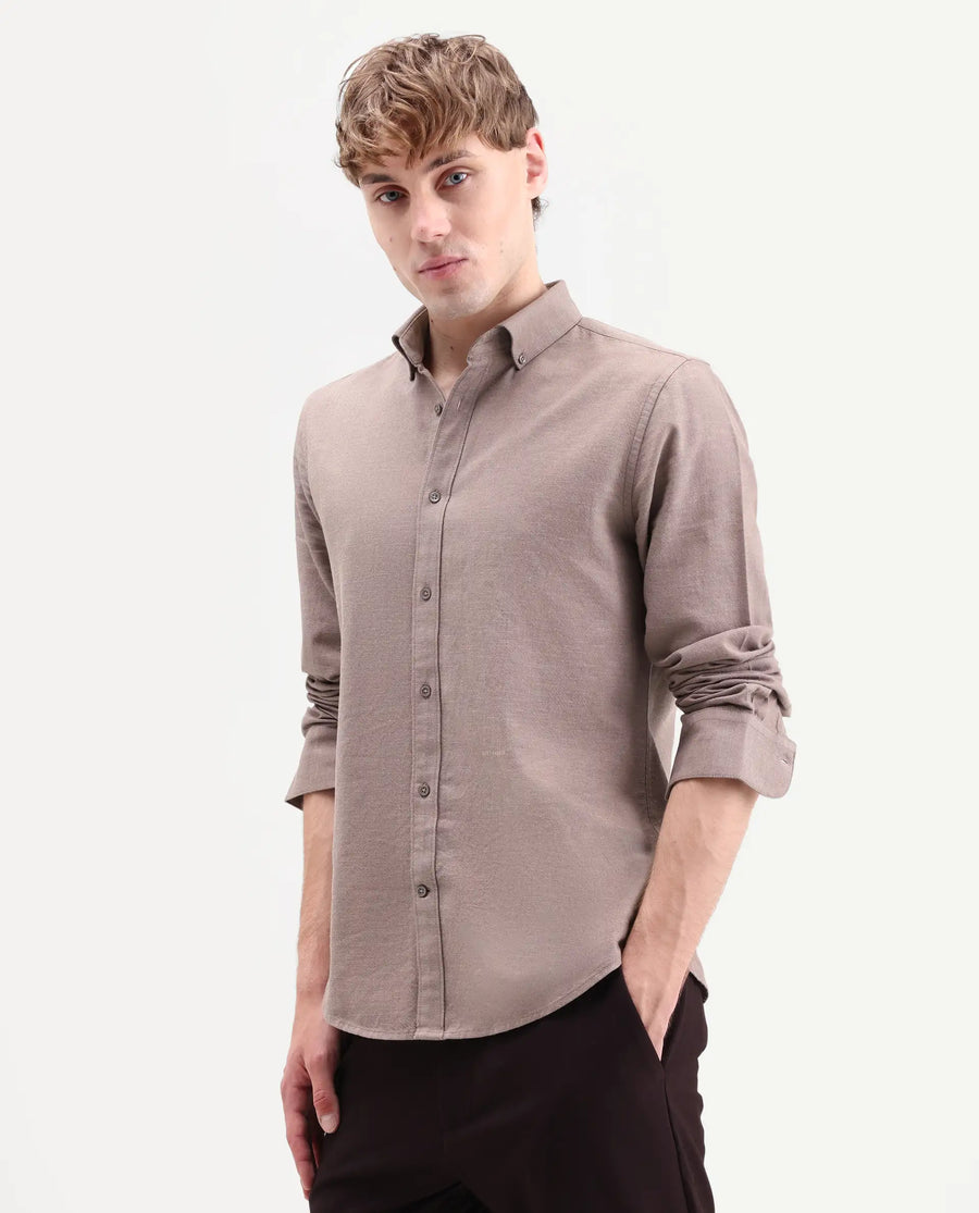 Rare Rabbit Men's Hax-P Pastel Brown Cotton Blend Fabric Full Sleeve Spread Collar Button Regular Plain Shirt