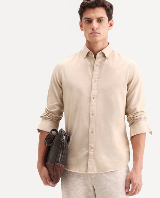 Rare Rabbit Men's Hax-P Light Mustard Cotton Blend Fabric Full Sleeve Spread Collar Button Regular Plain Shirt