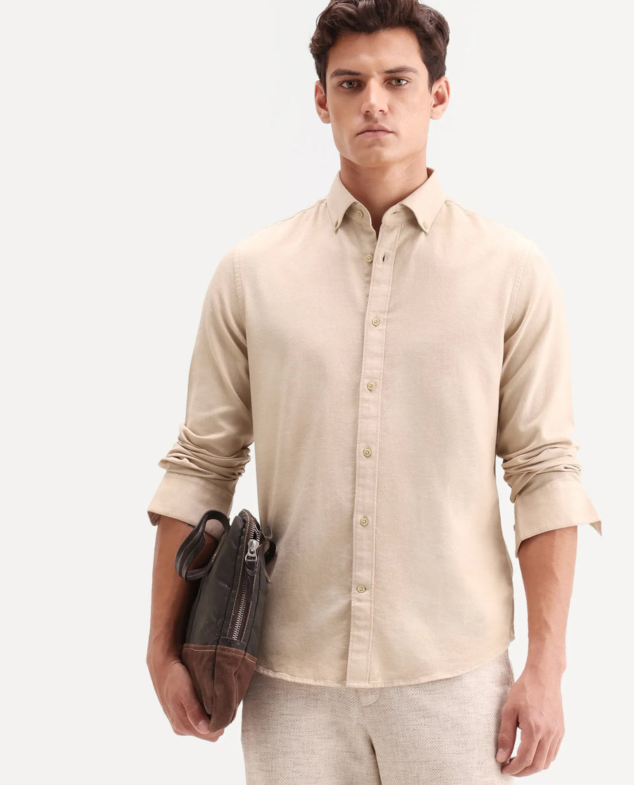 Rare Rabbit Men's Hax-P Light Mustard Cotton Blend Fabric Full Sleeve Spread Collar Button Regular Plain Shirt