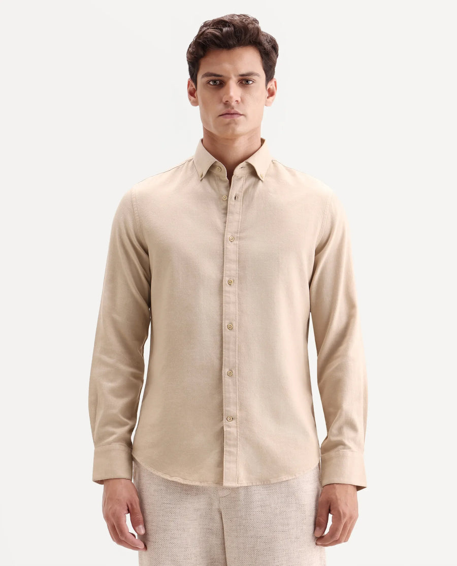 Rare Rabbit Men's Hax-P Light Mustard Cotton Blend Fabric Full Sleeve Spread Collar Button Regular Plain Shirt