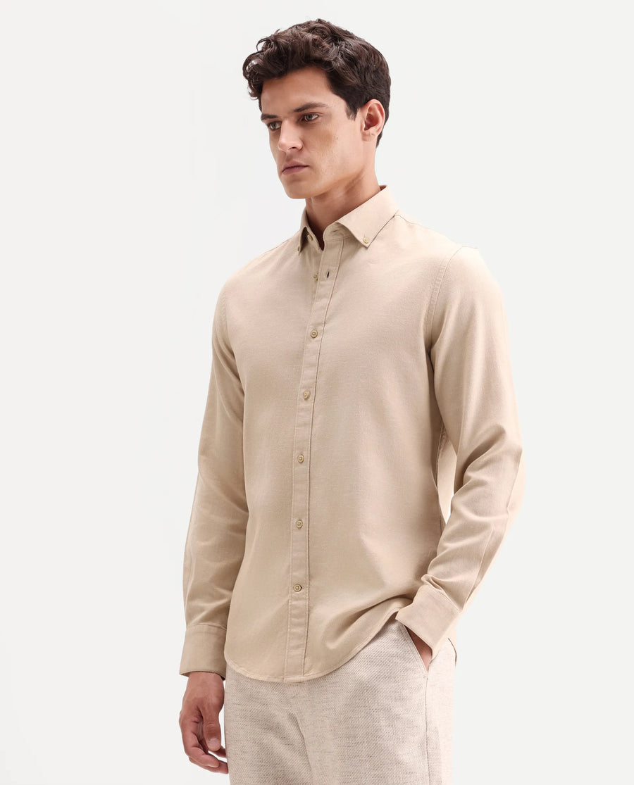 Rare Rabbit Men's Hax-P Light Mustard Cotton Blend Fabric Full Sleeve Spread Collar Button Regular Plain Shirt