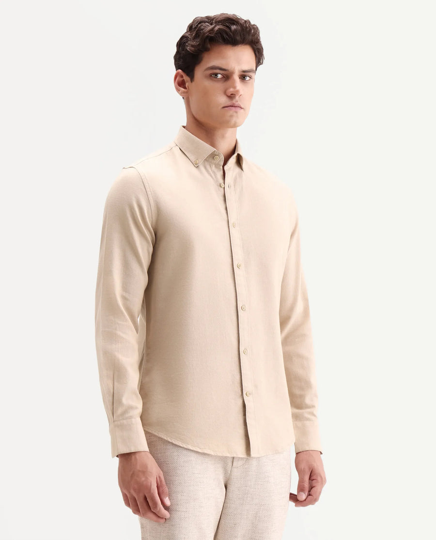 Rare Rabbit Men's Hax-P Light Mustard Cotton Blend Fabric Full Sleeve Spread Collar Button Regular Plain Shirt