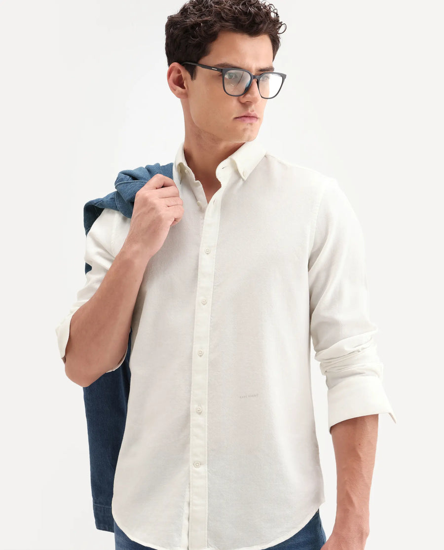 Rare Rabbit Men's Hax-P Off White Cotton Blend Fabric Full Sleeve Spread Collar Button Regular Plain Shirt