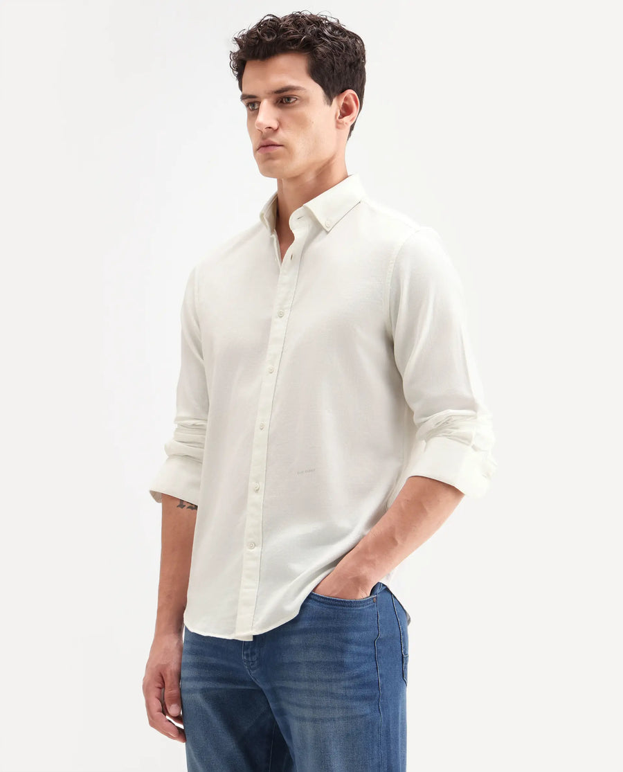 Rare Rabbit Men's Hax-P Off White Cotton Blend Fabric Full Sleeve Spread Collar Button Regular Plain Shirt