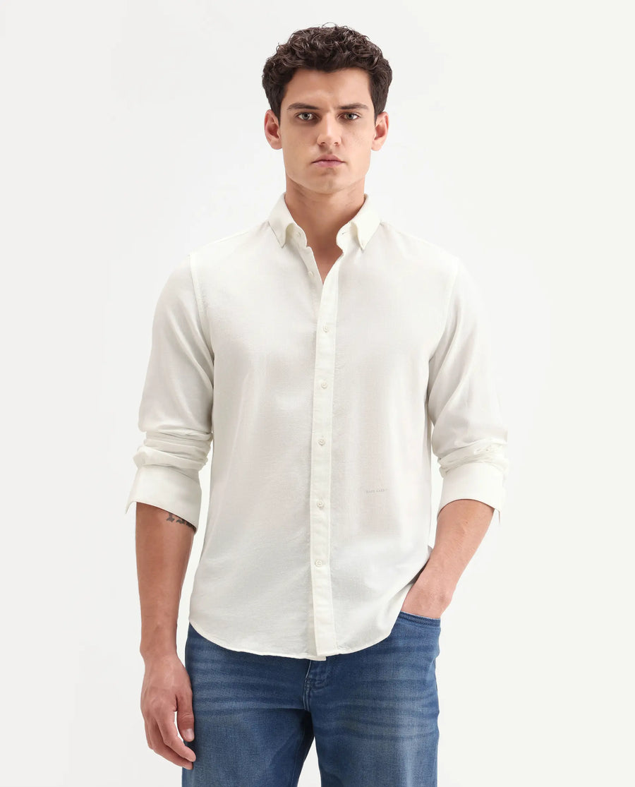 Rare Rabbit Men's Hax-P Off White Cotton Blend Fabric Full Sleeve Spread Collar Button Regular Plain Shirt