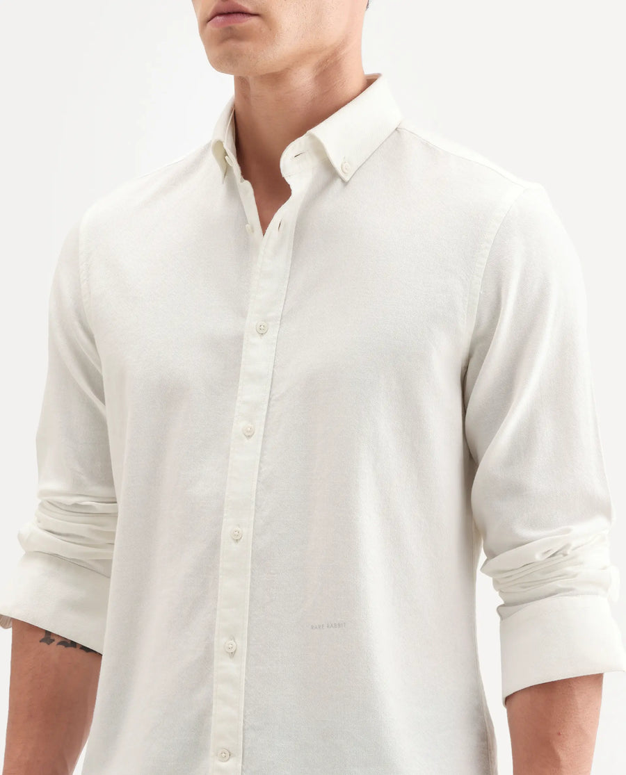 Rare Rabbit Men's Hax-P Off White Cotton Blend Fabric Full Sleeve Spread Collar Button Regular Plain Shirt
